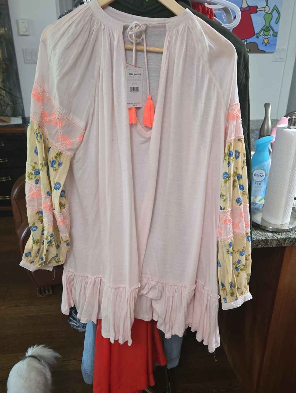Free People Embroidered Floral Sleeve Peasant Top - Light Pink